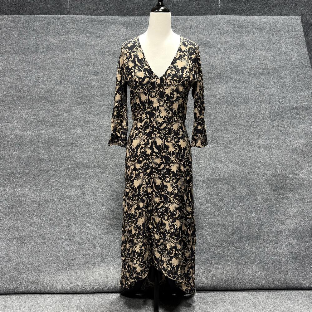 Zero Maria Cornejo Dress Womens 8 Blue Tan Floral Maxi V Neck Evening